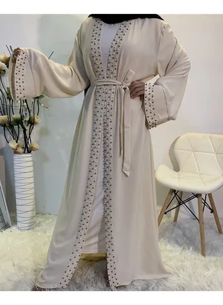 Fashionable and Elegant Clear Color Beaded Muslim Lace up Cardigan Robe 