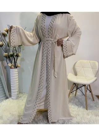 Fashionable and Elegant Clear Color Beaded Muslim Lace up Cardigan Robe 
