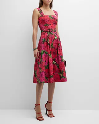 Dahlia Print Belted Poplin Midi Dress