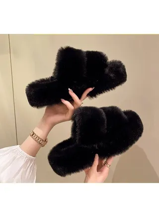 Fluffy Sliders for Women Fur Women Slippers Comfortable Soft Open Toe Flat Fashion Sandals Women's Fur Indoor Fluffy Flip Flops Plush Shoes Autumn and Winter Season(Black) 