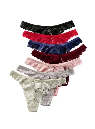 7-Piece Women Floral Lace Thong Panty Set Underwear G-String Panties 