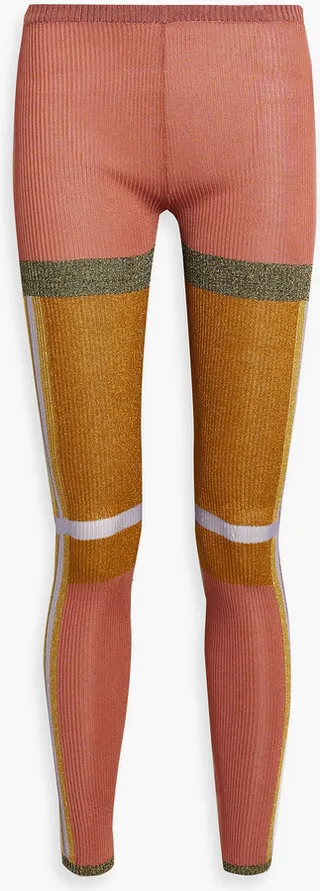 Metallic ribbed-knit leggings