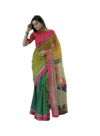 Green Cotton Saree With Pink Printed Border And Traditional Print On Pallu With Unstitched Blouse 