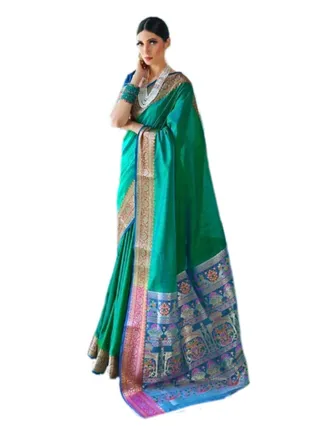 Green with Blue border silk saree plus Contrast unstitched blouse 