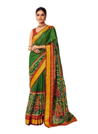Green And Red Silk Saree With Lahariya And Patola Combination Design Plus Unstitched Blouse 