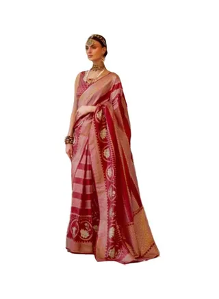 Maroon Red Silk Saree With Golden Weaving And Lotus Design Plus Unstitched Blouse 