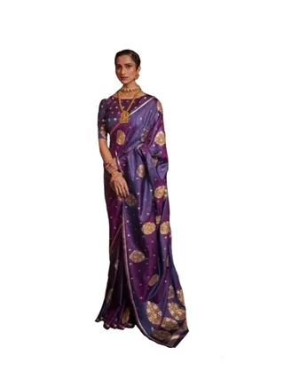 Purple Silk saree with self design and golden weaving border plus unstitched blouse 