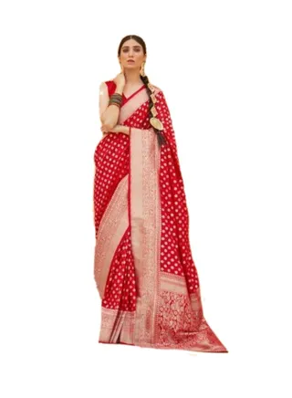 Red Silk Saree With Golden Zari Weaving Design Plus unstitched Blouse 
