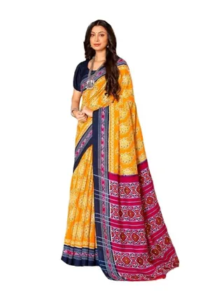 Orange Linen saree With Blue Border Plus Unstitched Contrast Blouse. 