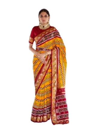 Yellow With Red Border Patola Silk Saree With Unstitched Blouse 
