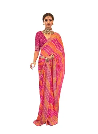 Beautiful Georgette Pink And Orange Lahariya Design Foil Print Saree With Unstitched Blouse 