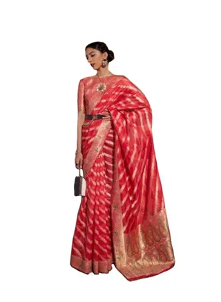 Red Organza Silk Saree With Gold Stripes Weaving Design Having Border And Pallu Plus Unstitched Blouse 