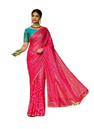 Traditional Brasso silk Pink Saree with small golden weaving dots and lace all over Plus unstitched designer Green Blouse 