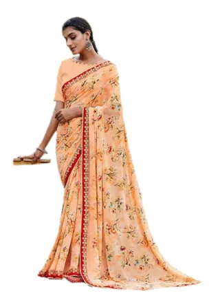 Peach Base With Orange Flowers Print And Lace All Over Plus Unstitched Blouse 
