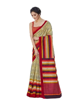 Cotton Khadi Printed Beige Silk Saree With Flower And Multicolour Stripes Border With Unstitched Blouse 