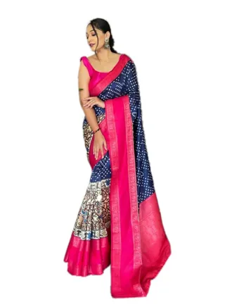 Blue and Pink Satin Bandhani Plus Kalamkari combination saree with unstitched Blouse 