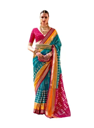 Firoji Blue Patola Print Saree With Red And Yellow Border Design Plus Contrast Unstitched Blouse. 