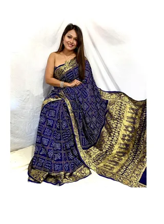 Rajasthani Blue Silk Gharchola Sraee With Unstitched Blouse 