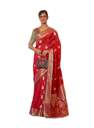 Beautiful Red Silk Saree With Golden Weaving Design Plus Contrast Unstitched Blouse 