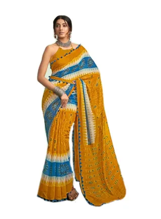 Cotton MulMul Yellow Blue Printed And Stripe Saree With Unstitched Blouse 
