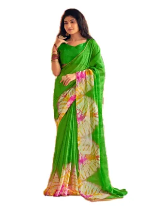 Trendy Style Chiffon Green Colour Saree Having Tie And Die Print Plus Unstitched Blouse 