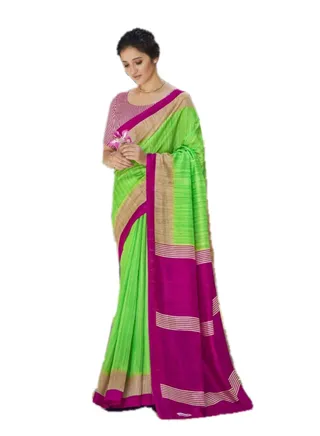 Raw Silk khadi Green Saree With Golden Temple Design Border Plus Unstitched Blouse 