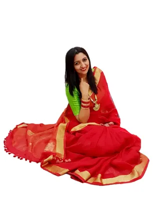 Red Pure Linen Saree With Green Border Plus Unstitched Blouse 