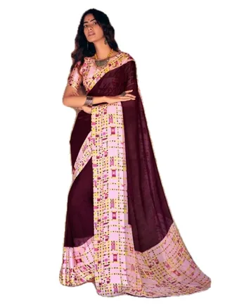 Georgette Maroon Red Saree With Satin Pink Border All over Plus Satin Unstitched Blouse 