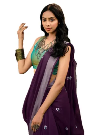 Linen Cotton Purple Saree With Flower Embroidery And Zari Border Plus Unstitched Blouse 