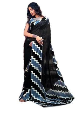 Georgette Black Saree With White ZigZag Border All over Plus Satin Unstitched Blouse 