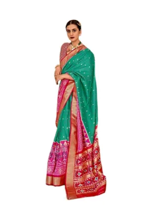 Green With Pink Border Patola Print Silk Saree With Unstitched Blouse 