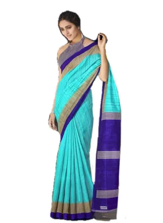 Raw Silk khadi Blue Saree With Golden Temple Design Border Plus Unstitched Blouse 
