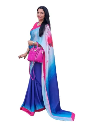 Satin Blue Saree With Pink Print And Pink Satin Border All Over Plus Unstitched Blouse 