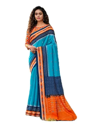 Cotton Handloom Blue Printed Saree With Orange Border Plus Unstitched Blouse 