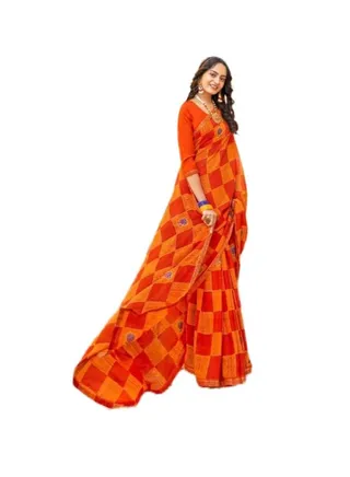 Georgette Orange And Yellow Beautiful Printed Saree With Unstitched Blouse 