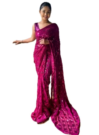 Georgette Majenta Pink Colour Saree With Sequence Work Plus Unstitched Blouse 