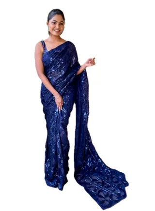 Georgette Blue Sequence Saree With Unstitched Blouse 