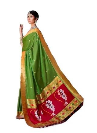 Silk Green Saree with Red Pallu And Red Designer Unstitched Blouse 