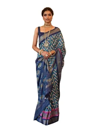 White And Blue Patola Print Silk Saree With Contrast Border And Unstitched Blouse 
