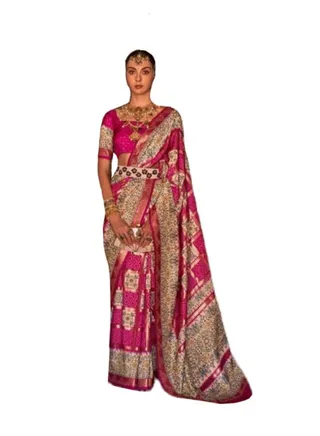 Pink Patola Silk Saree With Ghatchola Print Plus Unstitched Blouse 