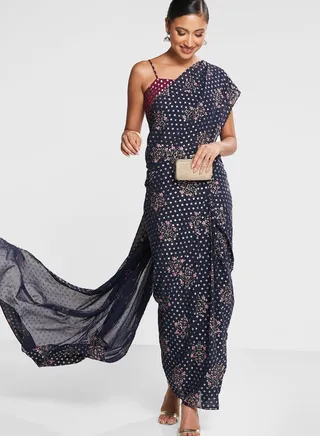 Navy Blue Floral Pre Draped Saree 
