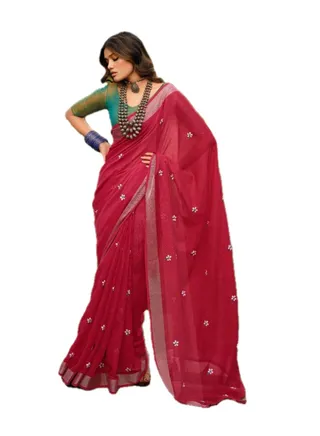 Linen Cotton Red Saree With Flower Embroidery And Zari Border Plus Unstitched Blouse 