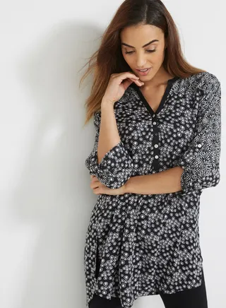 Dotted Swiss Print Kurti With Buttons Black/White 