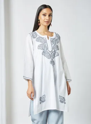 Long Sleeves Ethnic Kurta White/Grey 