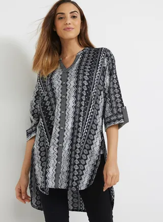 Mixed Abstract Print Kurti With Buttons Black/White 