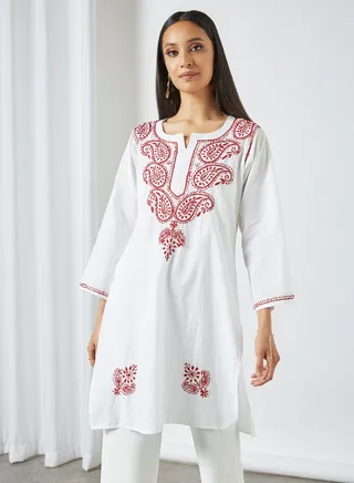 Long Sleeves Ethnic Kurta White/Red 