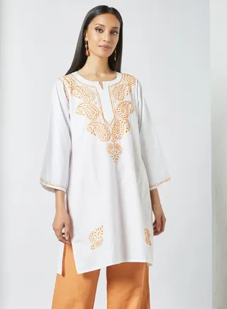 Long Sleeves Ethnic Kurta White/Orange 