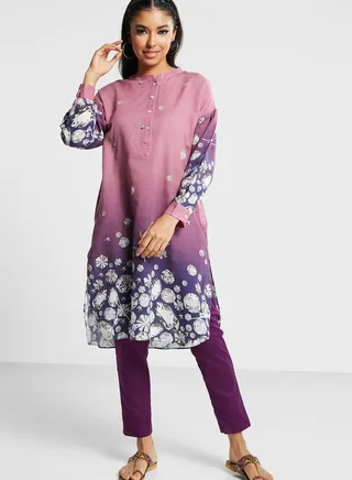 Button Detail Printed Kurti & Pants 
