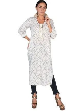 Leaf Printed Kurta White/Brown/Beige 