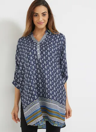 Floral-Block Print Kurti With Buttons Navy Blue/White 
